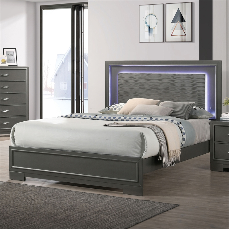 Furniture of America Santi Platform Wood King Bed with LED Light in Gray