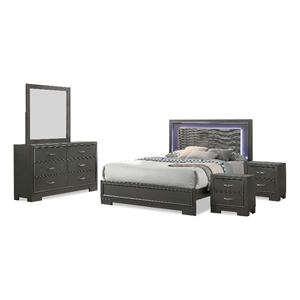 FOA Santi 5pc Gray Wood Bedroom Set - King + 2 Nightstands + Dresser + Mirror