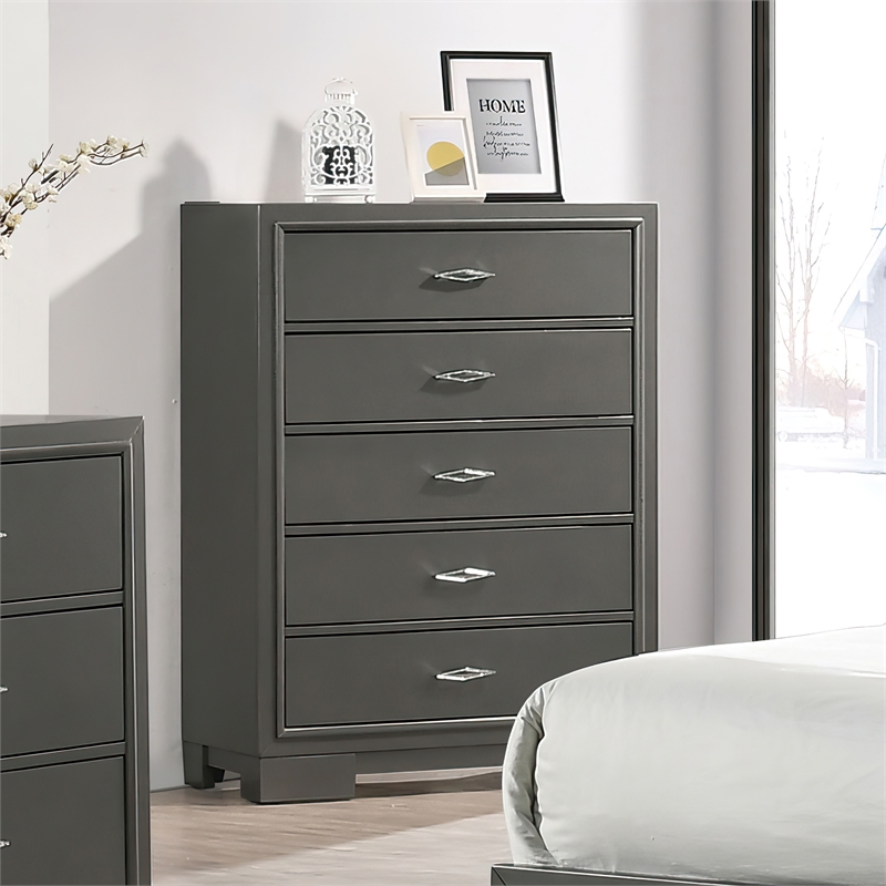 Furniture of America Santi Wood 5-Drawer Chest with Acrylic Hardware in Gray