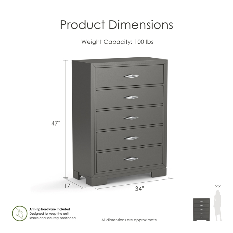 Furniture of America Santi Wood 5-Drawer Chest with Acrylic Hardware in Gray