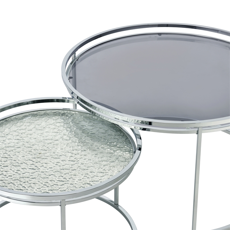 Furniture of America Vroma Metal Glass Top 2-Piece Nesting Tables Set in Gray