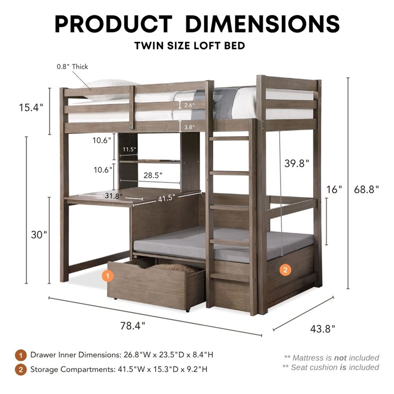 Furniture of America Banty Wood Twin Over Workstation Loft Bed in Gray
