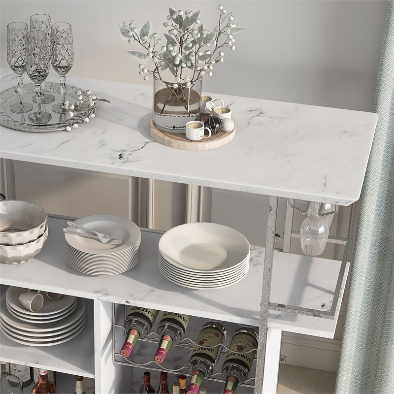 Furniture of America Taly Faux Marble Wood Multi-Storage Bar Table in White
