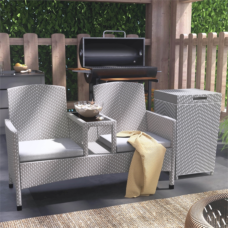 Furniture of America Azur Rattan 2-Piece Loveseat and Trash Can Set in Gray