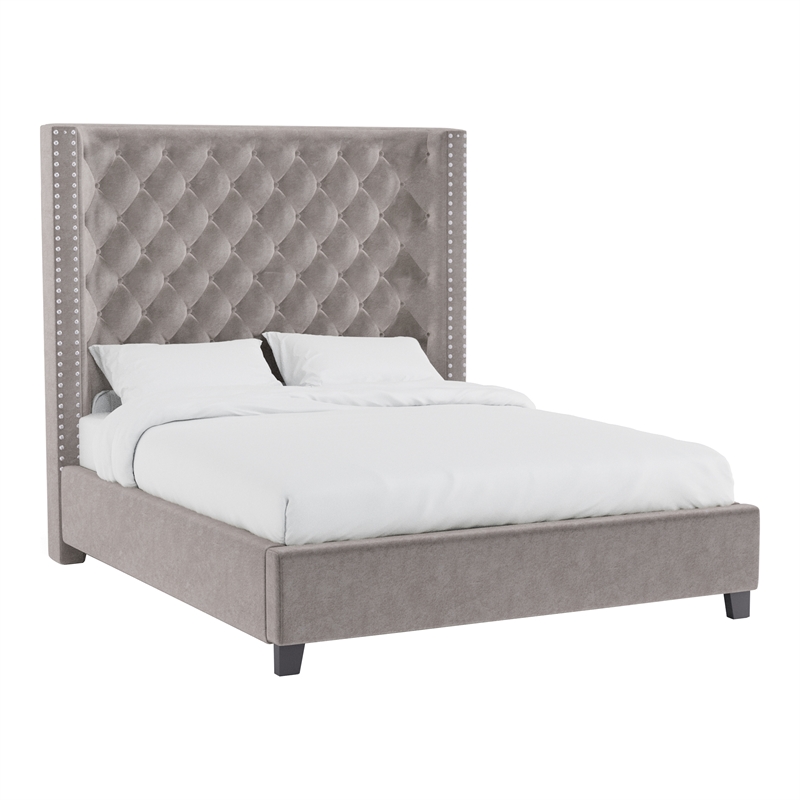 Furniture of America Qualy Wingback Tufted Fabric Queen Bed in Gray