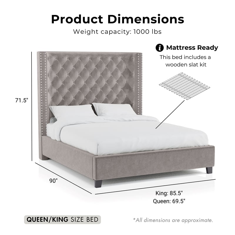 Furniture of America Qualy Wingback Tufted Fabric Queen Bed in Gray