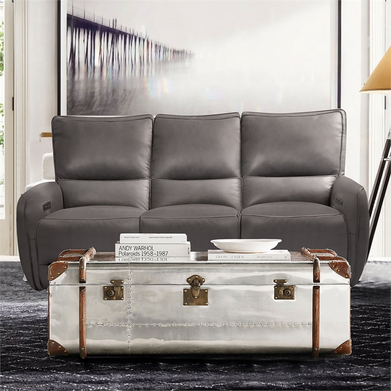 Furniture of America Vesh Leather Power Reclining Sofa with USB in Gray