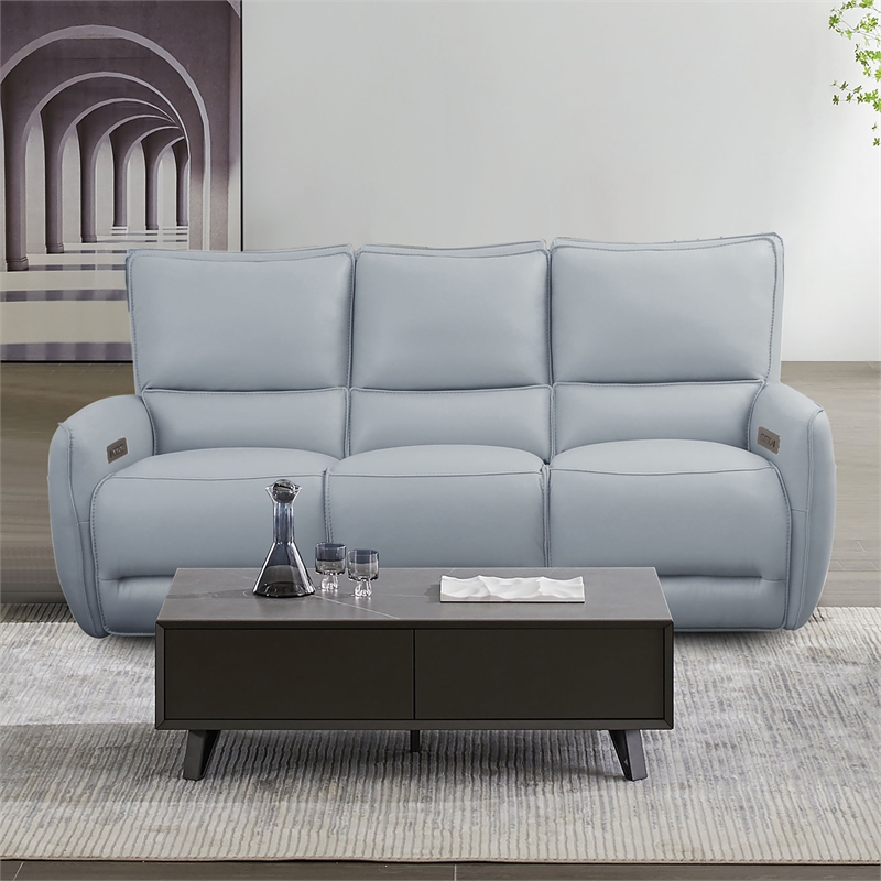 Furniture of America Vesh Leather Power Reclining Sofa with USB in Pale Blue