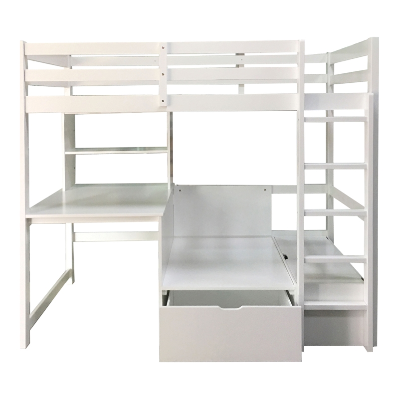 Furniture of America Banty Solid Wood Loft Bed with Workstation in White