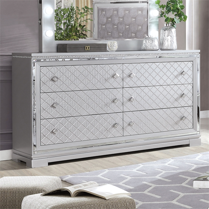 FOA Chid 5pc Silver Wood Bed Set - Queen + 2 Nightstands + Dresser + Mirror