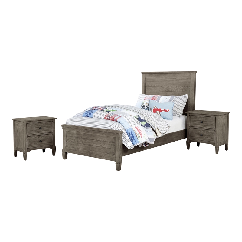 FOA Haed 3-Piece Gray Solid Wood Bedroom Set - Twin + 2 Nightstands