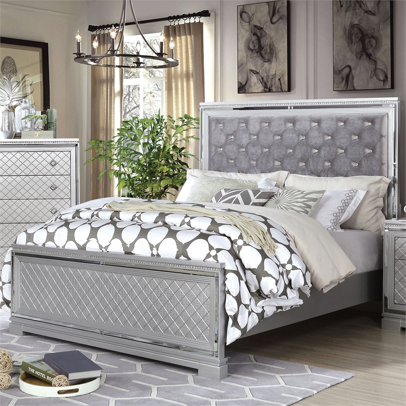 FOA Chid 3pc Silver Solid Wood Bedroom Set - King + 2 Nightstands