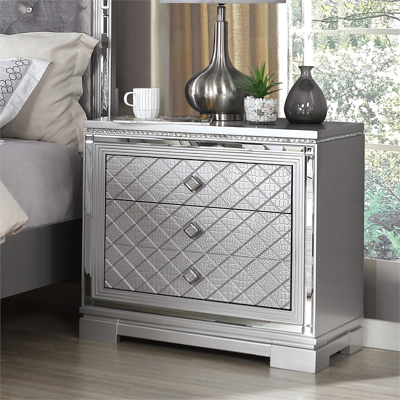 FOA Chid 3pc Silver Solid Wood Bedroom Set - King + 2 Nightstands