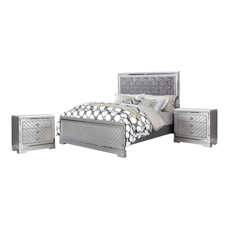 FOA Chid 3pc Silver Solid Wood Bedroom Set - King + 2 Nightstands