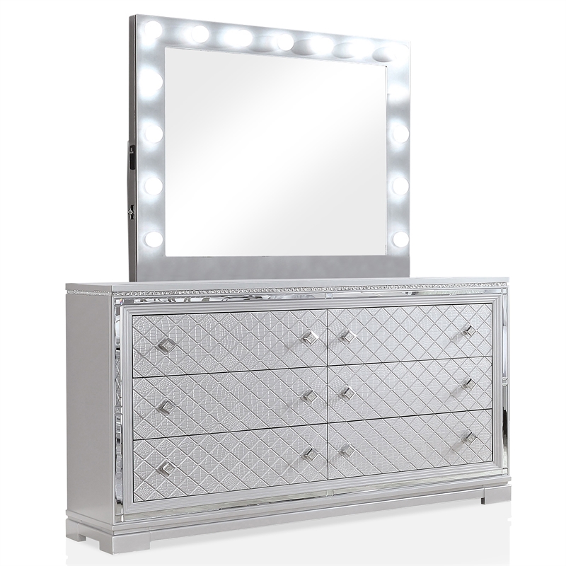 FOA Chid 5pc Silver Wood Bed Set - King + 2 Nightstands + Dresser + Mirror