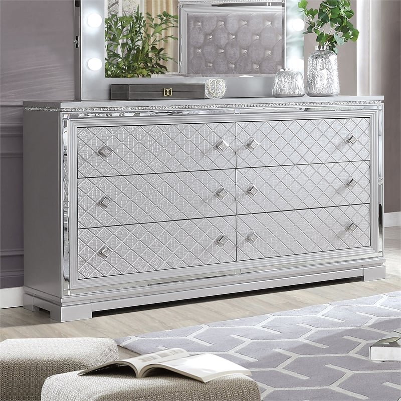 FOA Chid 5pc Silver Wood Bed Set - King + 2 Nightstands + Dresser + Mirror