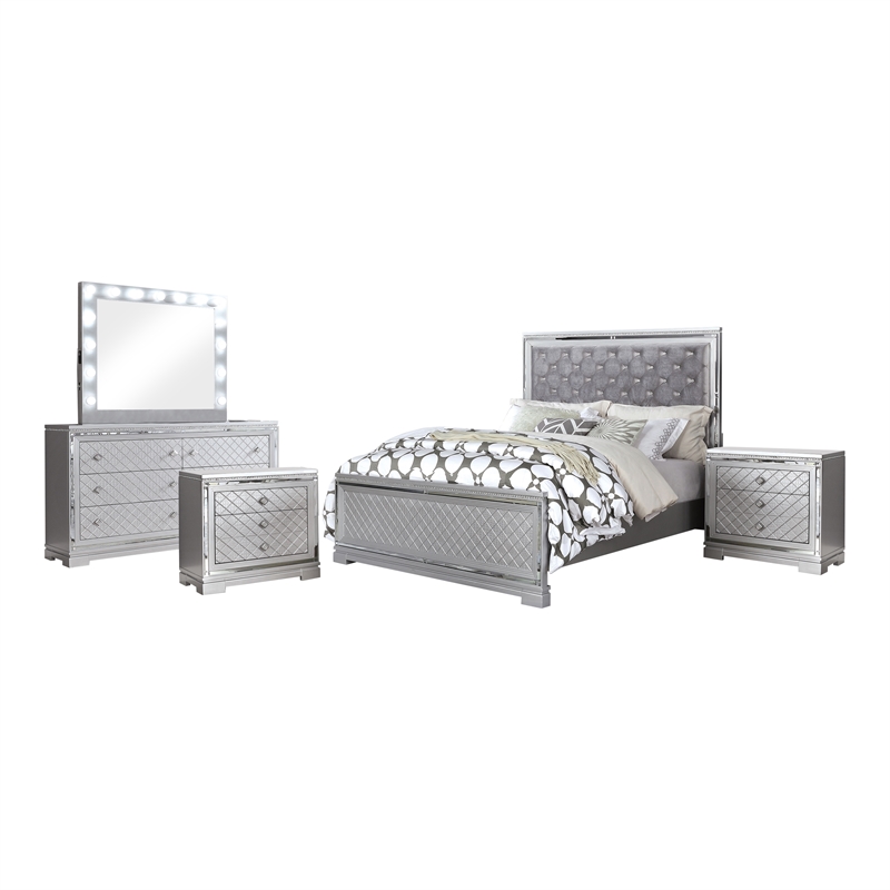 FOA Chid 5pc Silver Wood Bed Set - King + 2 Nightstands + Dresser + Mirror