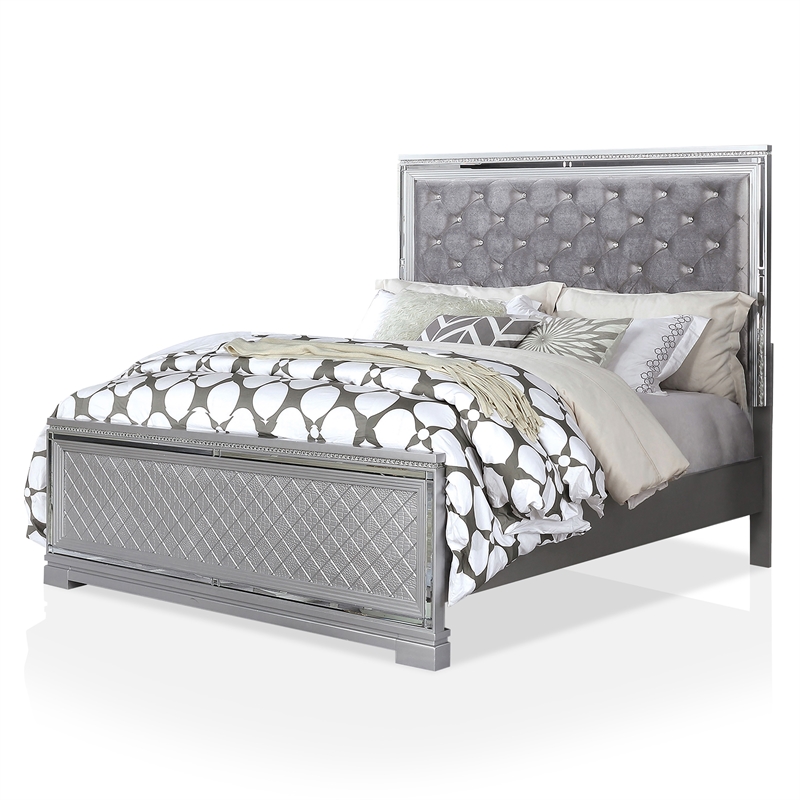 FOA Chid 5pc Silver Wood Bed Set - King + 2 Nightstands + Dresser + Mirror