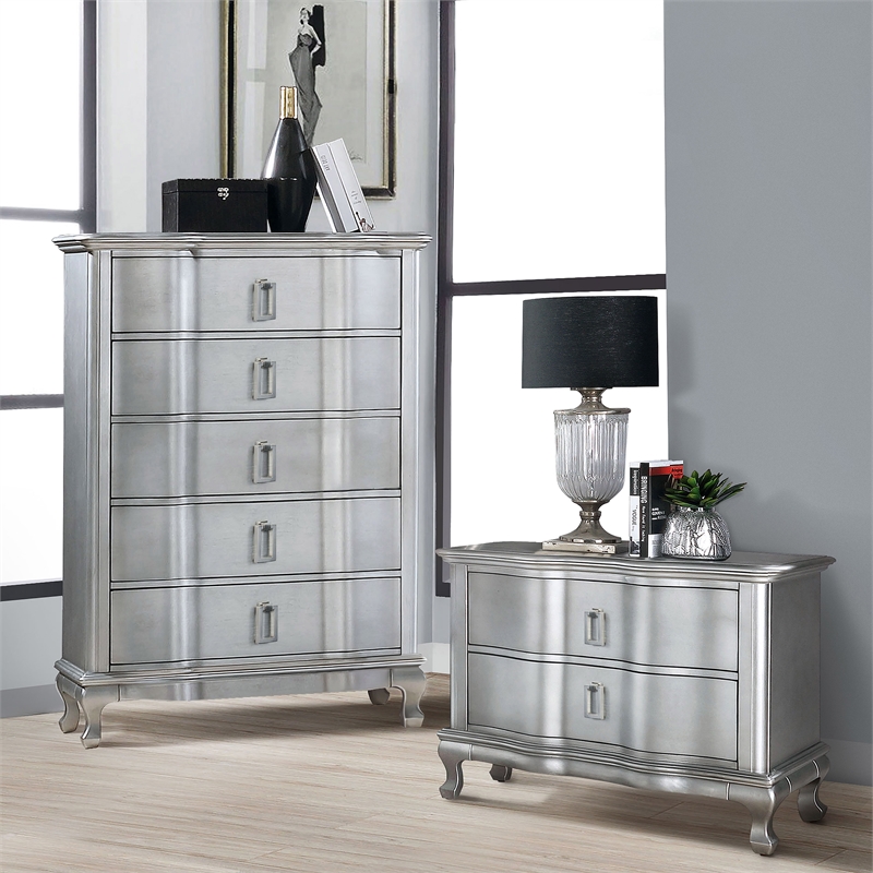 FOA Pappa 2pc Silver Solid Wood Bedroom Set - Nightstand and Chest