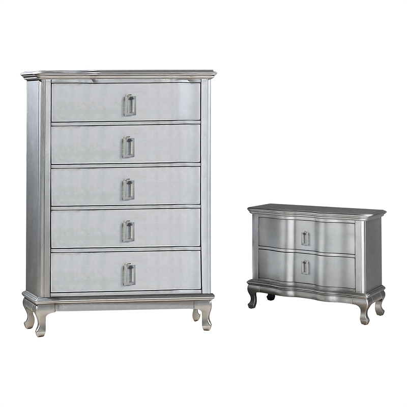 FOA Pappa 2pc Silver Solid Wood Bedroom Set - Nightstand and Chest