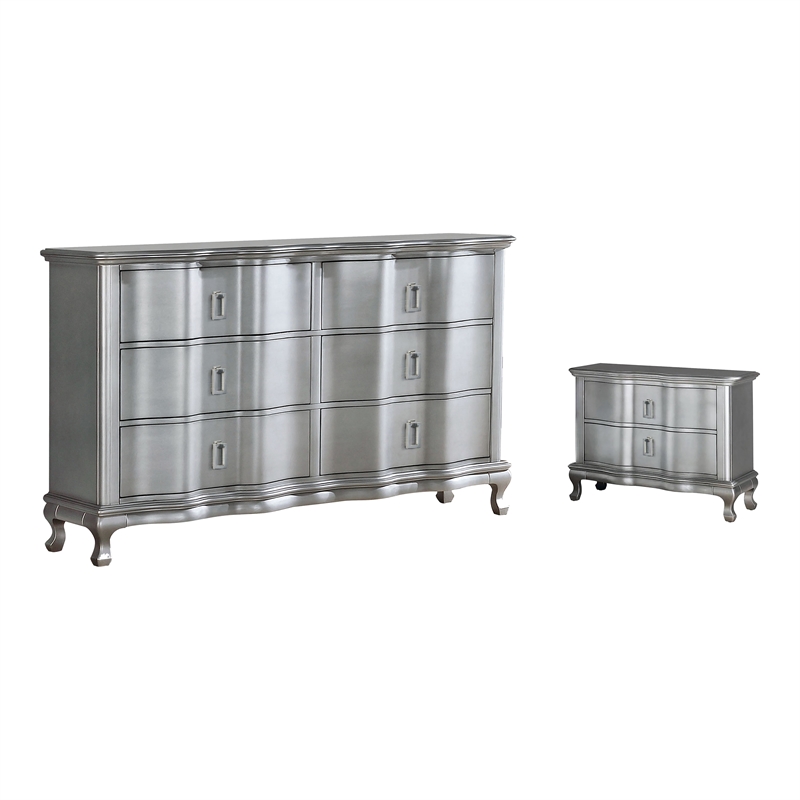 FOA Pappa 2pc Silver Solid Wood Bedroom Set - Nightstand and Dresser