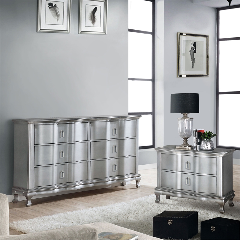 FOA Pappa 2pc Silver Solid Wood Bedroom Set - Nightstand and Dresser