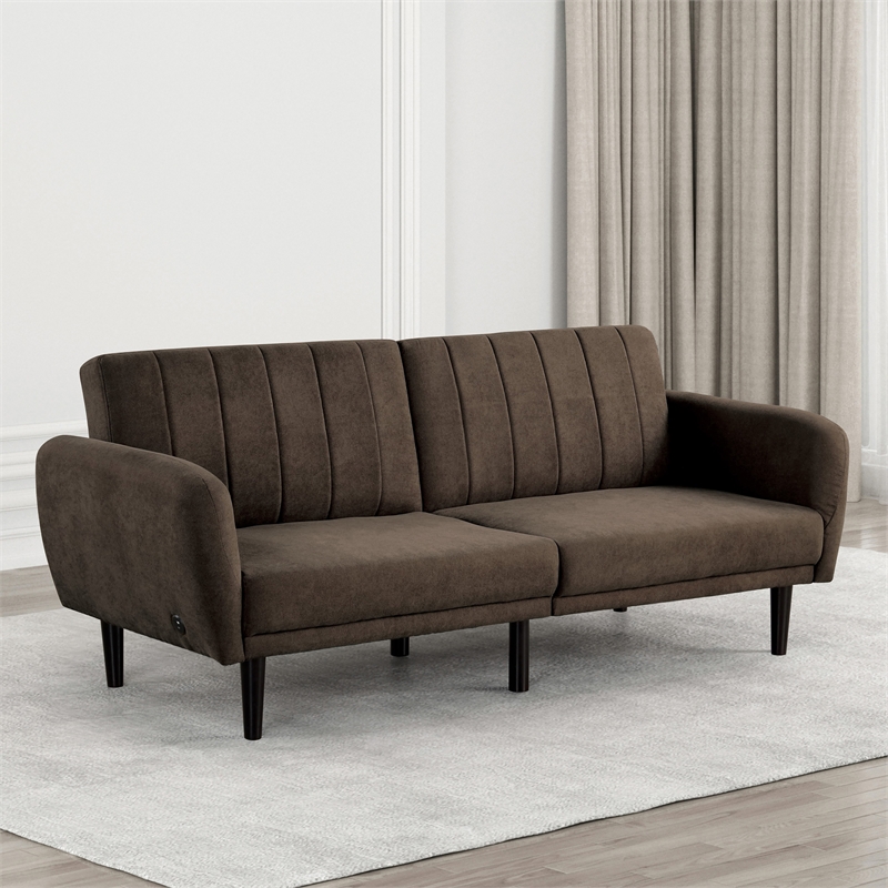 Furniture of America Kittle Fabric Padded Futon Sofa with USB Ports in Brown