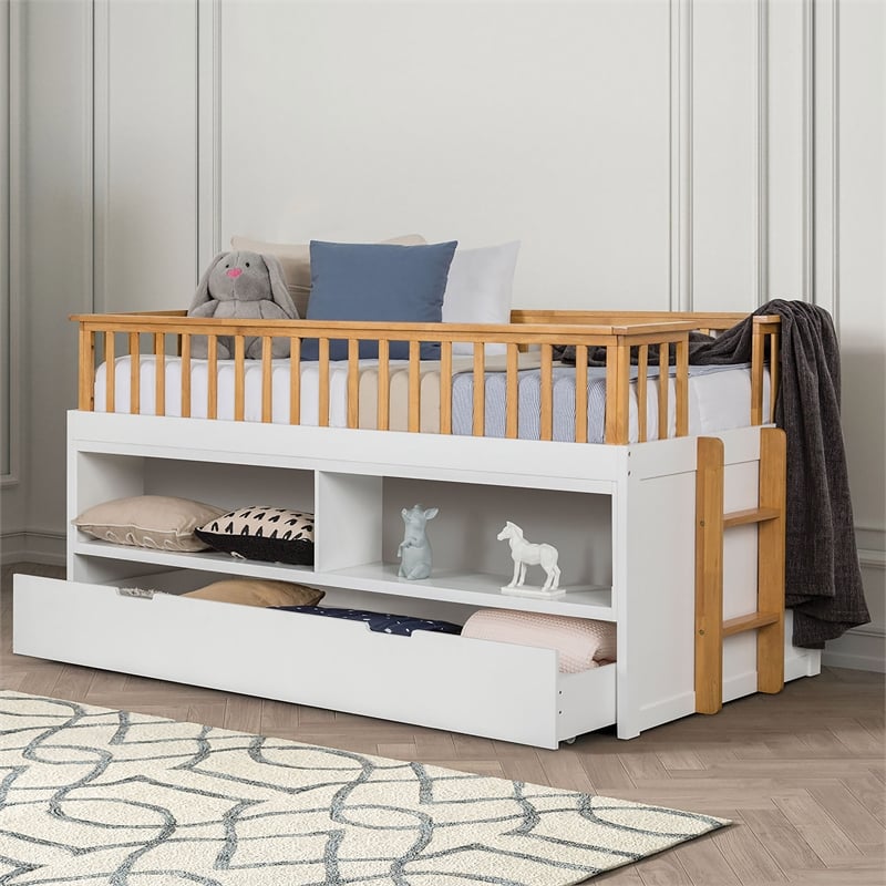 Furniture of America Wonston Solid Wood 2-Open Shelf Twin Captain Bed in White