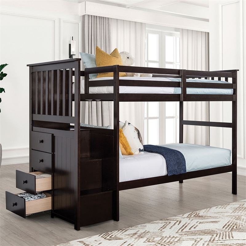 Furniture of America Lapard Solid Wood 4-Drawer Twin Bunk Bed in Espresso