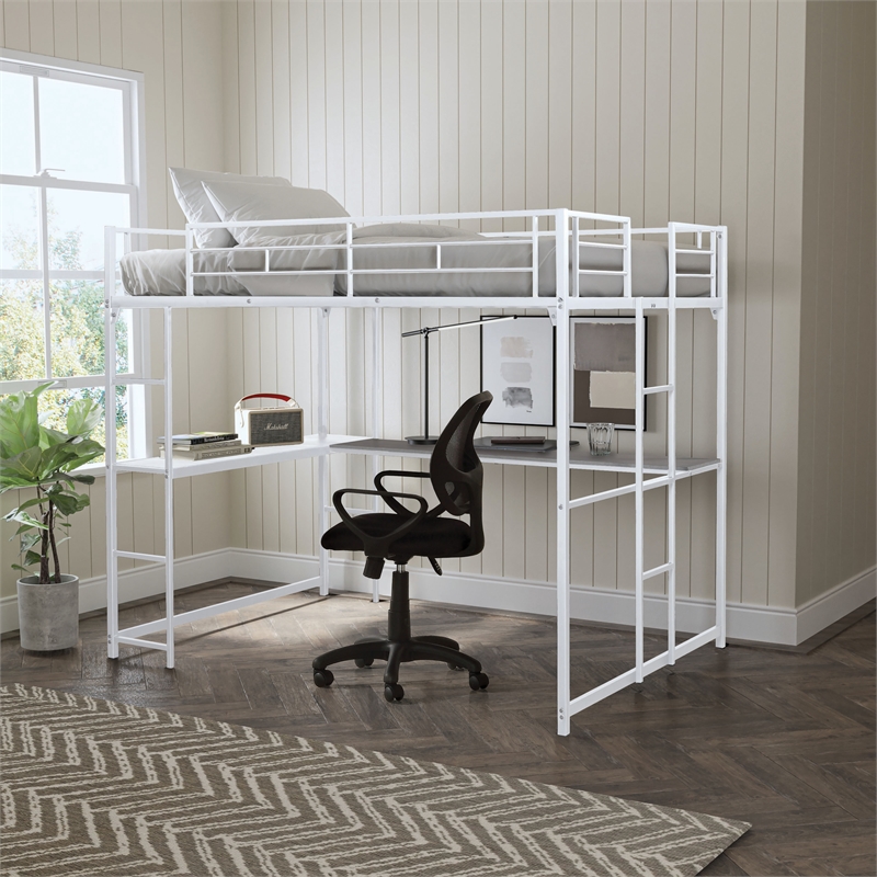 Furniture of America Jaron Metal Full Loft Bed with Attached Ladders in White