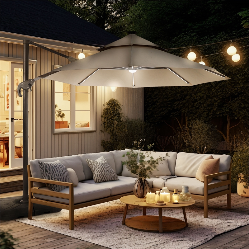 Furniture of America Pallend Aluminum LED 10' Double Top Round Umbrella in Beige