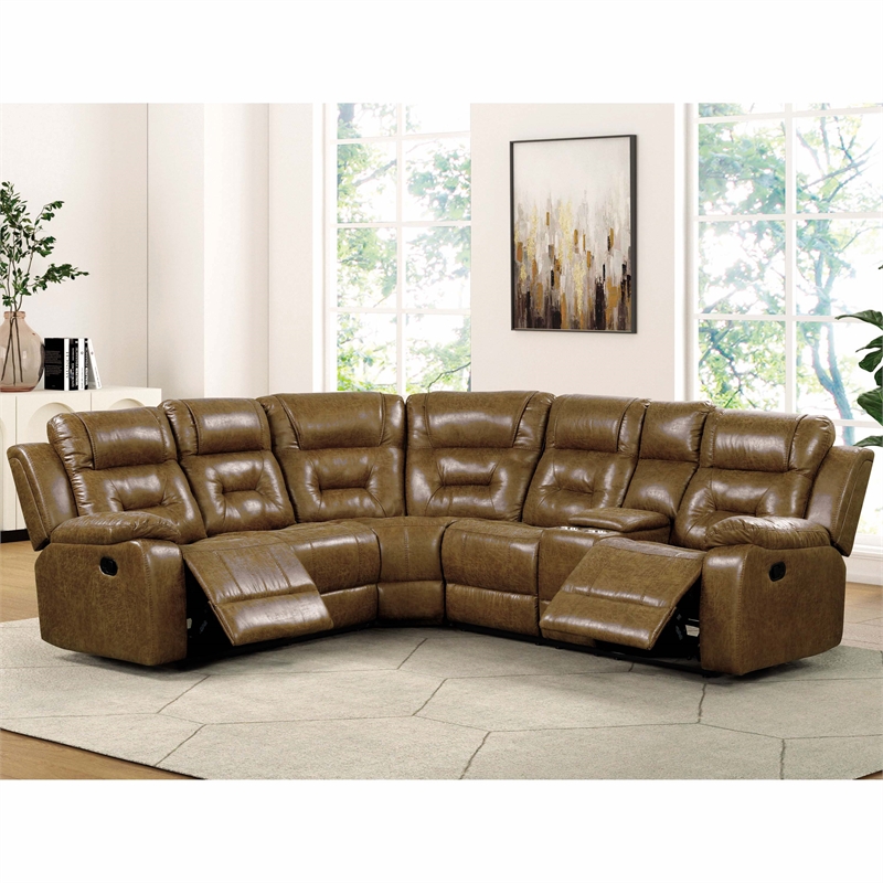 Furniture of America Ranshell Faux Leather Storage Sectional in Brown