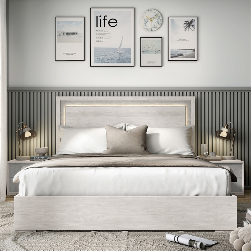 Furniture of America Sable LED Light Wood Full Bed in Washed White