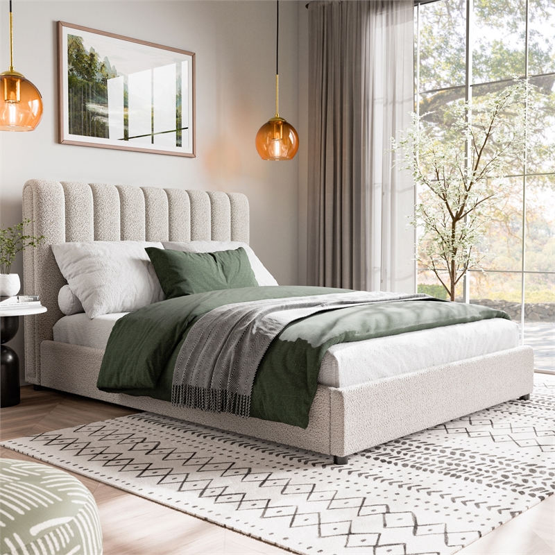 Furniture of America Garret Upholstered Boucle Fabric Queen Bed in White