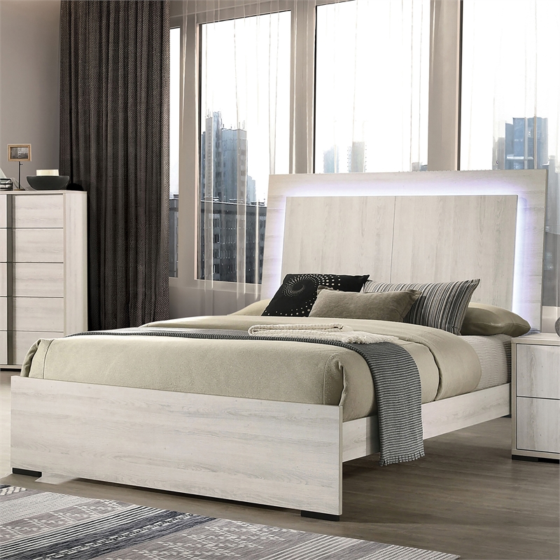 Furniture of America Turntile LED Light Wood Queen Bed in Washed White