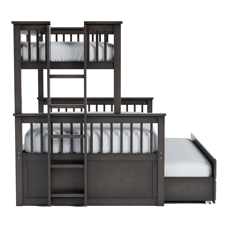 FOA Hammon Wood Twin over Full Bunk Bed with Trundle and Drawers in Stain Gray