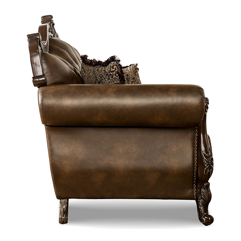 Furniture of America Innes Faux Leather Tufted Loveseat in Dark Cherry and Brown
