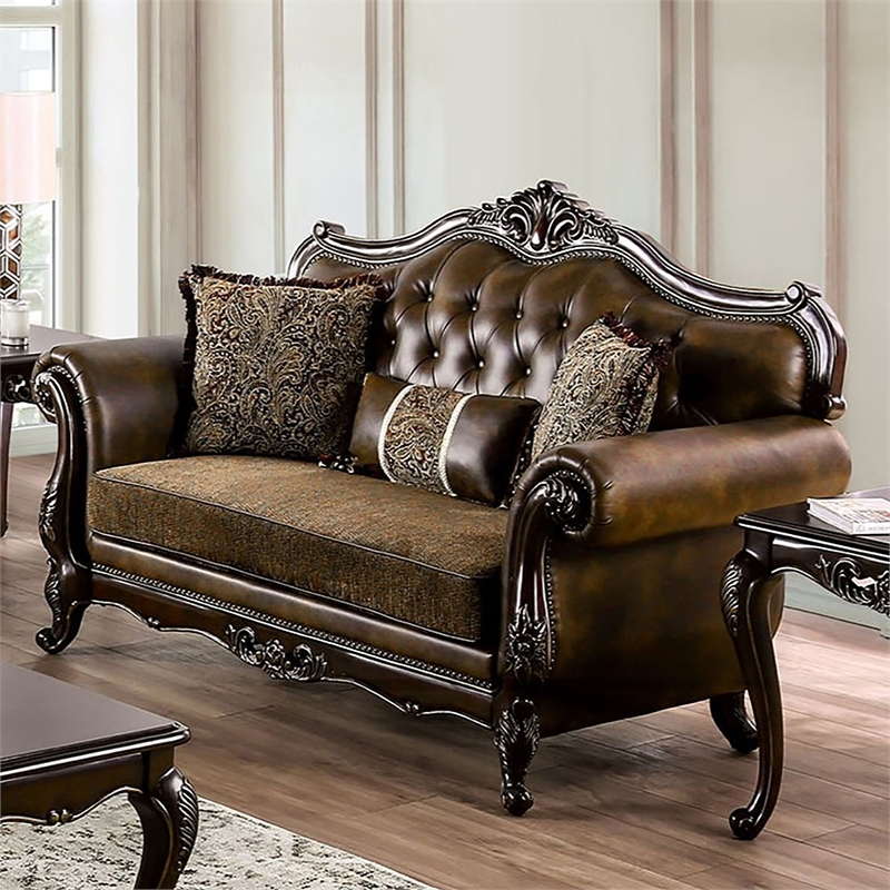 Furniture of America Innes Faux Leather Tufted Loveseat in Dark Cherry and Brown