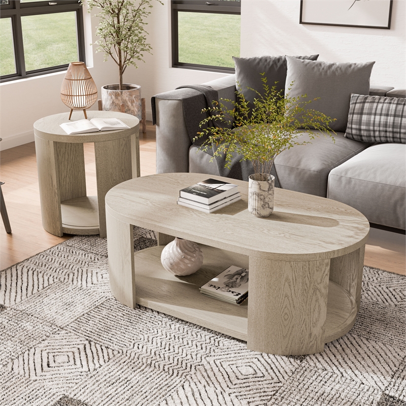 Furniture of America Kurick 2-Piece Wood Oval Cocktail Table Set in Oak