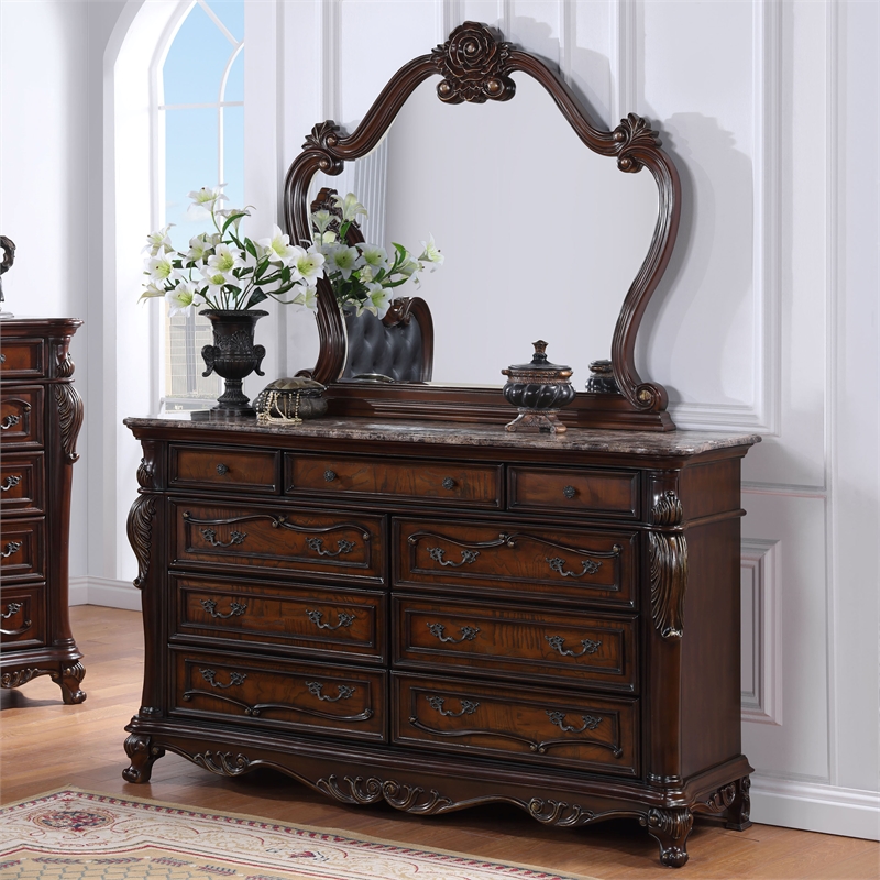 FOA Elloise 2-Piece 9-Drawer Solid Wood Dresser and Mirror Set in Dark Cherry