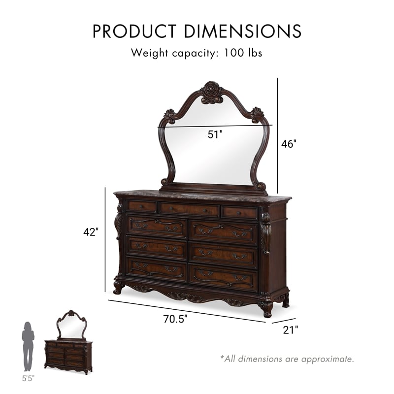FOA Elloise 2-Piece 9-Drawer Solid Wood Dresser and Mirror Set in Dark Cherry