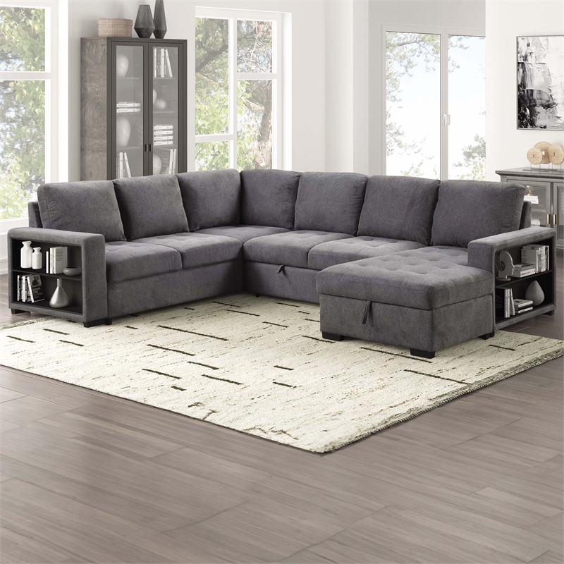 Furniture of America Plemith Fabric Storage Sectional with USBs in Dark Gray