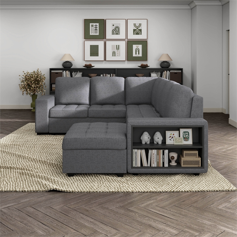 Furniture of America Plemith Fabric Storage Sectional with USBs in Dark Gray