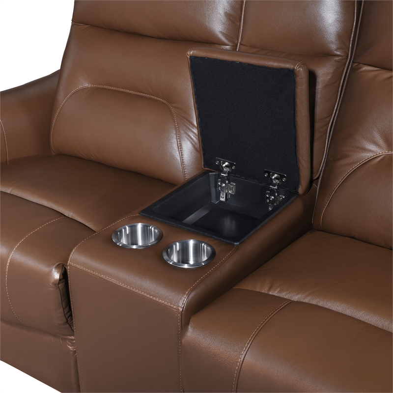 Furniture of America Dansworth Leather Storage Power Loveseat in Caramel Brown