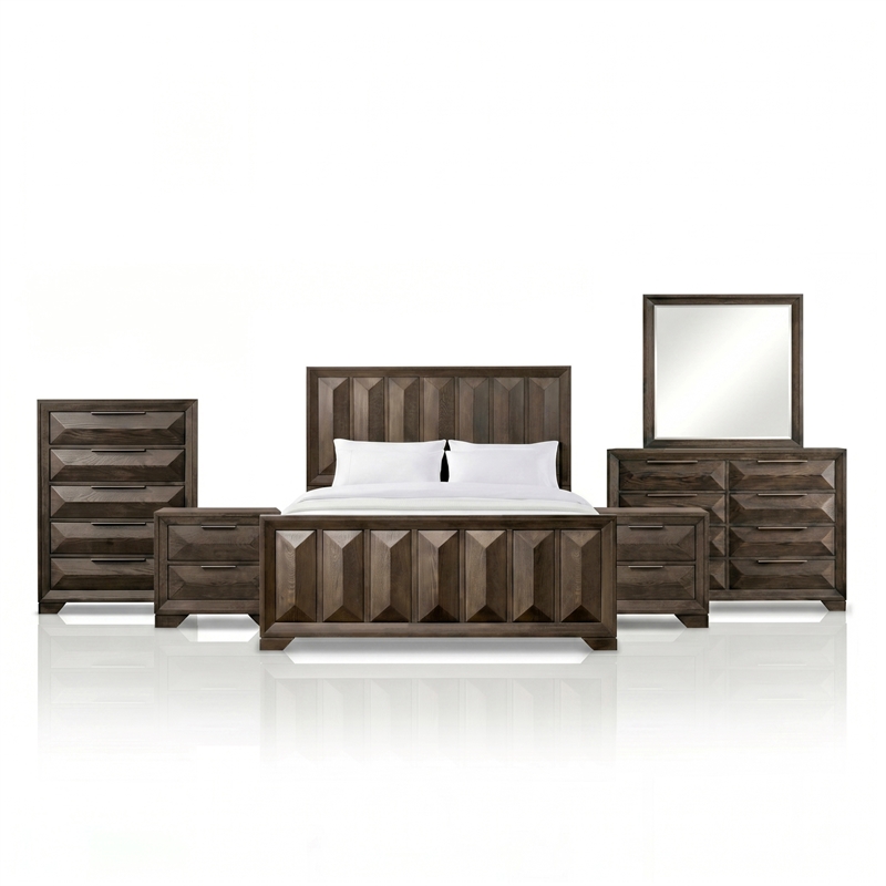 FOA Werren 6pc Espresso Wood Bed Set - Queen+2 Nightstands+Chest+Dresser+Mirror