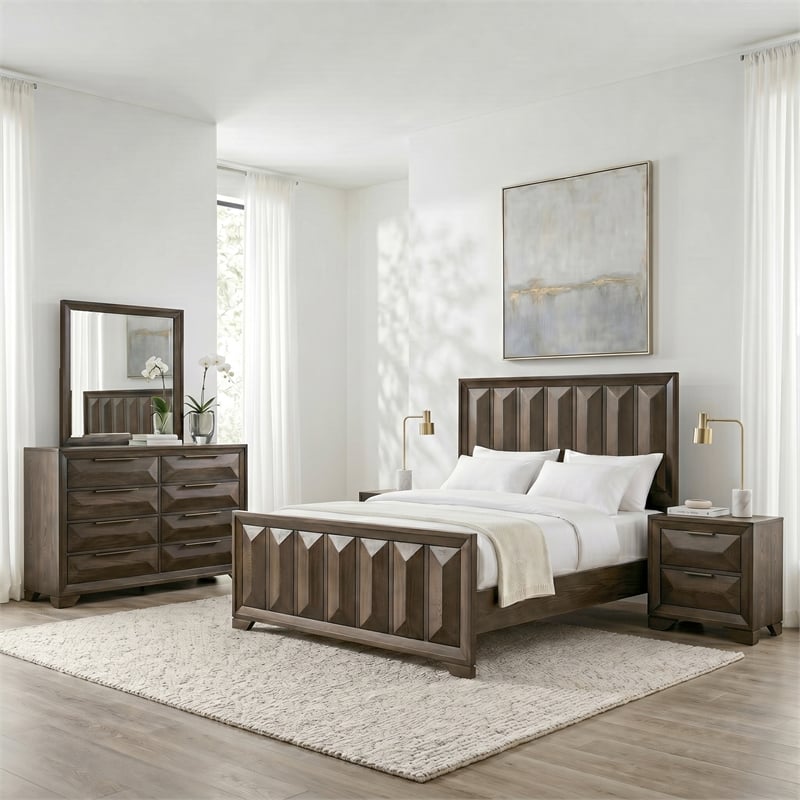 FOA Werren 5pc Espresso Wood Bed Set - Queen + 2 Nightstands + Dresser + Mirror