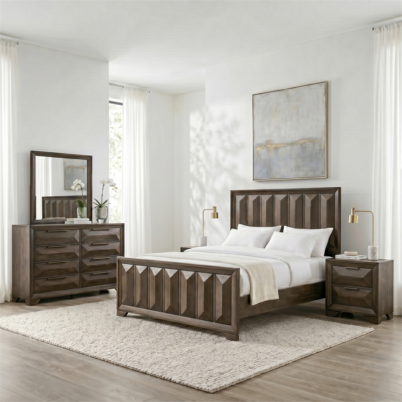 FOA Werren 5pc Espresso Wood Bed Set - King + 2 Nightstands + Dresser + Mirror