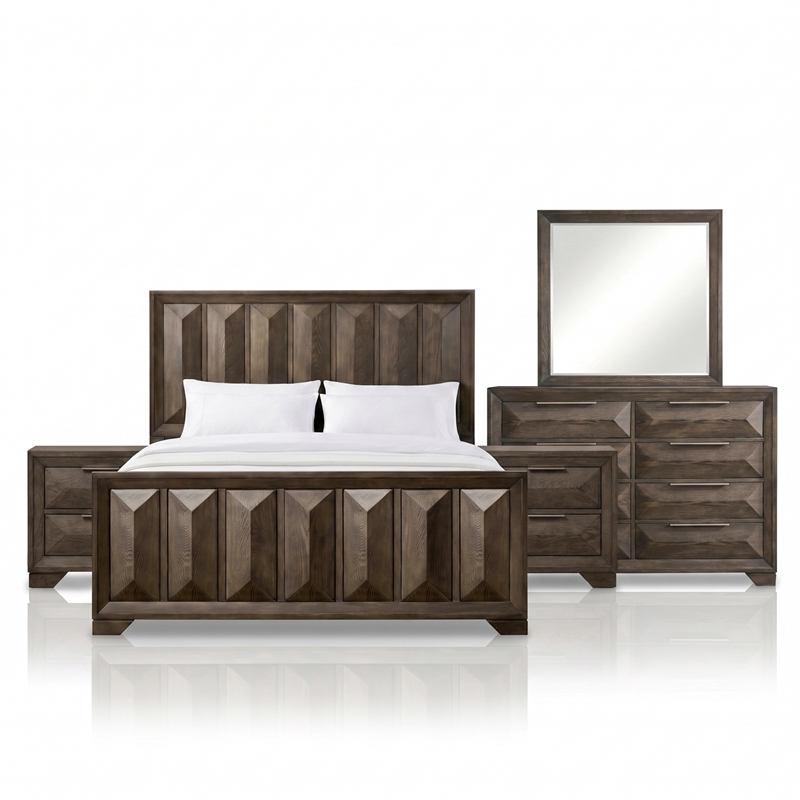 FOA Werren 5pc Espresso Wood Bed Set - King + 2 Nightstands + Dresser + Mirror