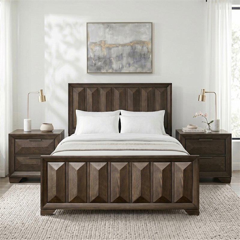FOA Werren 3-Piece Espresso Solid Wood Bedroom Set - King + 2 Nightstands