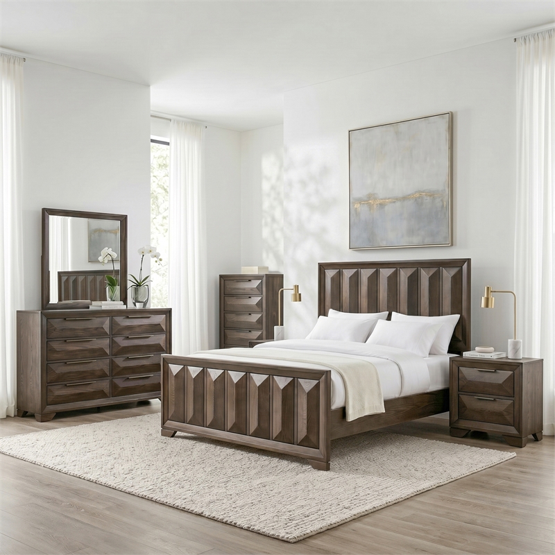 FOA Werren 6pc Espresso Wood Bed Set - King+2 Nightstands+Chest+Dresser+Mirror